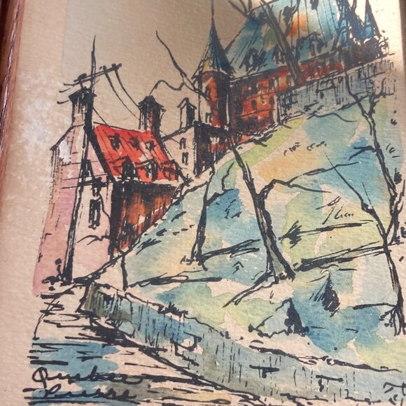 Set Of 2 Paintings Quebec Scene Small Mini Artwork Aged Patina Cottage Signed - Picture 7 of 14